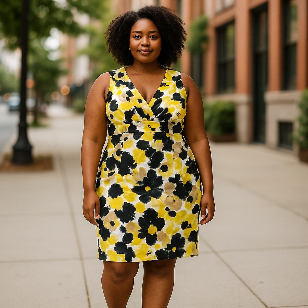 H&M Abstract Yellow Black Dress 14 Women Knee Length V-neck Wedding Summer